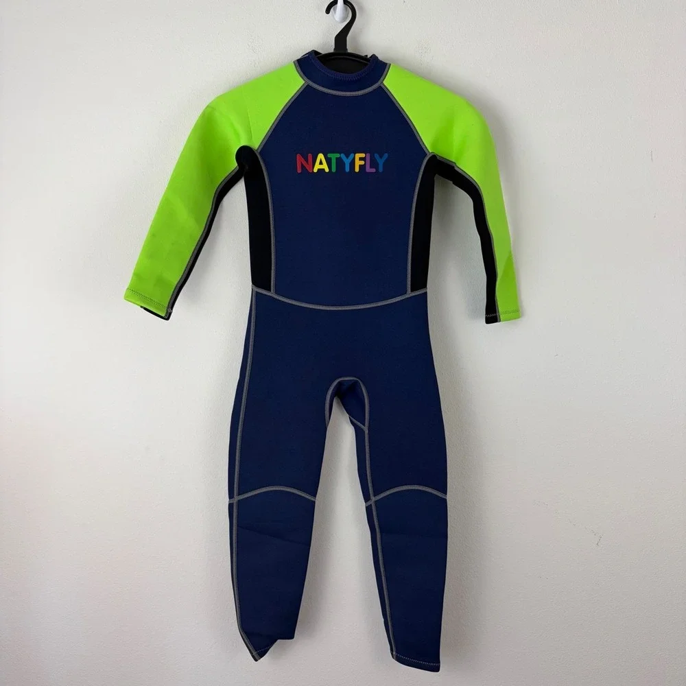 Natyfly Kids Full Body Wetsuit Navy Blue Lime Green Neoprene Size L